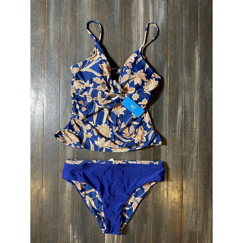 Cupshe Blue Floral Twist Front Tankini Set Two Piece Swimsuit Reversable Bottoms